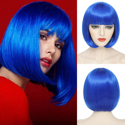 Picture of YBYMCAI Blue Bob Wig With Bangs Short Blue Bob Wigs For Women Straight Bob Bangs Wig 10 Inch Heat Resistant Synthetic Hair Natural Looking For Daily Party Use