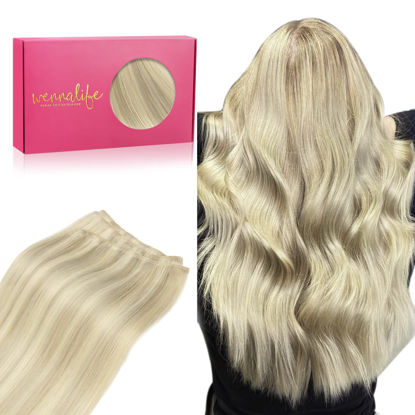 Picture of WENNALIFE Sew in Hair Extensions Real Human Hair, Weft Hair Extensions Human Hair 14 Inch 80g Ash Blonde Highlighted Platinum Blonde Hand Tied Weft Hair Extensions Sew In
