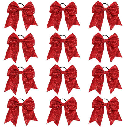 Picture of Sequin Red Cheer Bows, Caenagrion 12 PCS 7" Large Cheer Hair Bows Ponytail Holder Elastic Band Handmade for Cheerleaders Teen Girls College Sports (Sequin Red)