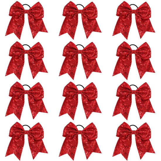 Picture of Sequin Red Cheer Bows, Caenagrion 12 PCS 7" Large Cheer Hair Bows Ponytail Holder Elastic Band Handmade for Cheerleaders Teen Girls College Sports (Sequin Red)