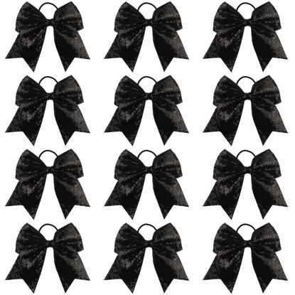 Picture of Sequin Black Cheer Bows, Caenagrion 12 PCS 7" Large Cheer Hair Bows Ponytail Holder Elastic Band Handmade for Cheerleaders Teen Girls College Sports（Sequin Black)