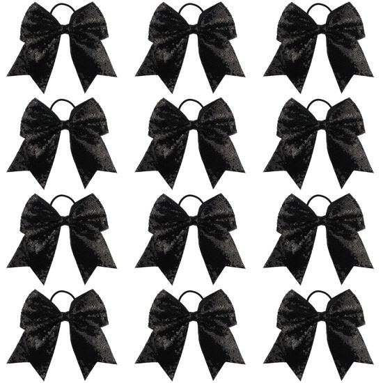 Picture of Sequin Black Cheer Bows, Caenagrion 12 PCS 7" Large Cheer Hair Bows Ponytail Holder Elastic Band Handmade for Cheerleaders Teen Girls College Sports（Sequin Black)
