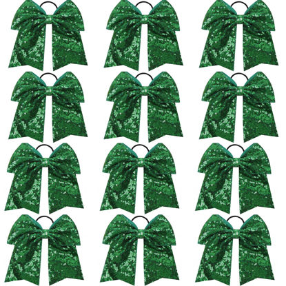 Picture of Sequin Green Cheer Bows, Caenagrion 12 PCS 7" Large Cheer Hair Bows Ponytail Holder Elastic Band Handmade for Cheerleaders Teen Girls College Sports（Sequin Green）