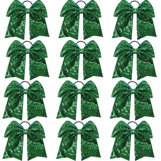 Picture of Sequin Green Cheer Bows, Caenagrion 12 PCS 7" Large Cheer Hair Bows Ponytail Holder Elastic Band Handmade for Cheerleaders Teen Girls College Sports（Sequin Green）