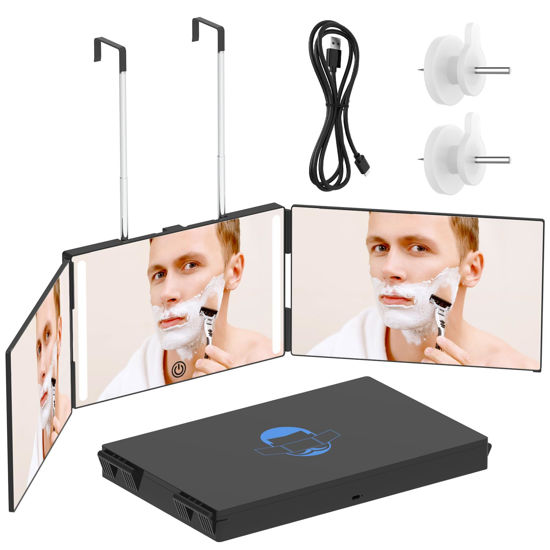 Picture of OLIBUY 3 Way Mirror with LED for Hair Cutting, Tri-fold Mirror for Shaver and Makeup, Adjustable Telescoping Hooks-with LED Version