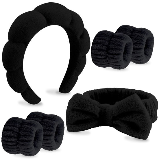 Picture of VELSCRUN 6 Pack Spa Headbands Set - Black Sponge Hair Bands with Bow Tie for Makeup, Face Washing, Skincare, and Hair Accessories for Women Gifts