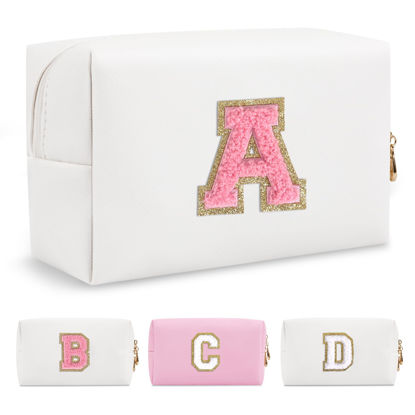 Picture of Personalized Makeup Bag Initial A-Z Preppy Patch Bag,Small PU Leather Travel Cosmetic Bag Pouch with Zipper,White Cute Toiletry Bag,Gift Ideal for Teen Girls Women Birthday Friend Mom,Letter A