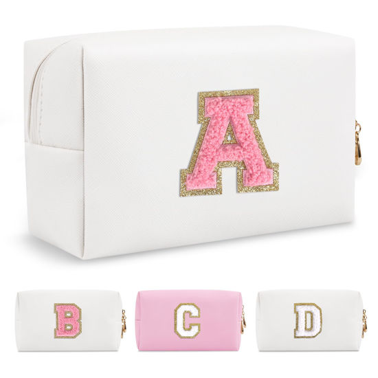 Picture of Personalized Makeup Bag Initial A-Z Preppy Patch Bag,Small PU Leather Travel Cosmetic Bag Pouch with Zipper,White Cute Toiletry Bag,Gift Ideal for Teen Girls Women Birthday Friend Mom,Letter A