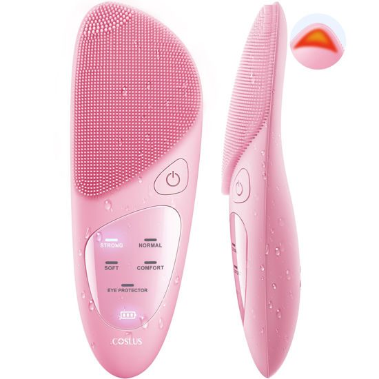 Picture of Facial Cleansing Brush Face Scrubber: COSLUS IPX7 Waterproof Rechargeable Brush, 4 Modes with Eye Protection, Electric Vibrating Cleanser System for Cleaning, Exfoliating, Massaging, Pink