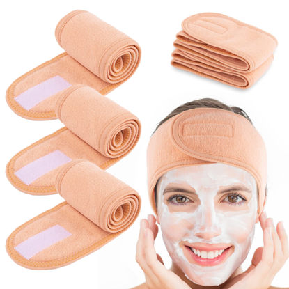 Picture of Whaline Spa Facial Headband 4 Packs Head Wrap Terry Cloth Headband Adjustable Stretch Towel for Bath, Makeup and Sport (Living Coral)