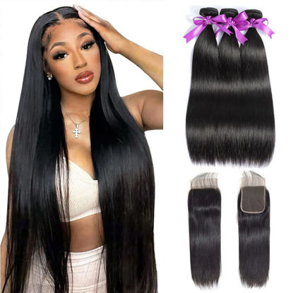 Picture of Straight Bundles with Closure Human Hair 24 26 28+20 Brazilian Human Hair Bundles with Closure Straight 100% Unprocessed Virgin Weave Hair Bundles with Closure 10A Bundles Human Hair with Lace Closure