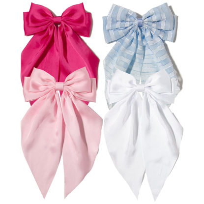 Picture of Furling Pompoms 4pcs Hair Bows Clips for Women,Large Satin Hair Bows Long-Tail Alligator Clips Big Hair Bow Girls Hair Accessories Pink Hot Pink White Blue Hair Bows