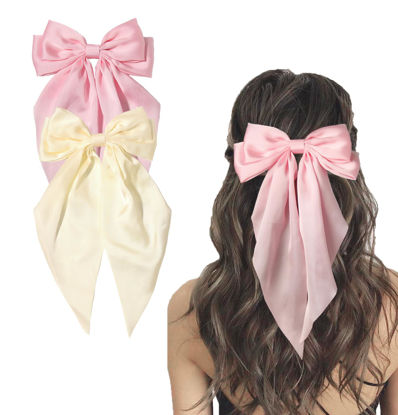 Picture of Furling Pompoms Hair Bow Clip, Pink Beige Satin Long Tails with Alligator Clips, Large Bow Hair Accessories for Women and Girls, 2pcs
