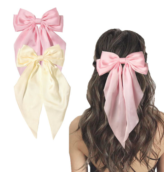 Picture of Furling Pompoms Hair Bow Clip, Pink Beige Satin Long Tails with Alligator Clips, Large Bow Hair Accessories for Women and Girls, 2pcs