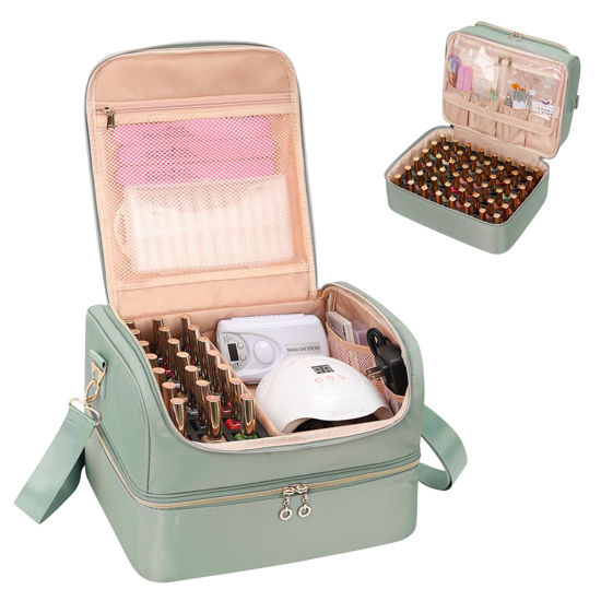 Picture of CUBETASTIC Nail Polish Organizer, Portable Nail Polish Storage Case Holds 69 Bottles Nail Polish & Nail Lamp, Travel Nail Supplies Organizer Bag for Nail Tech Kit & Manicure Tools (Rhombus Green)