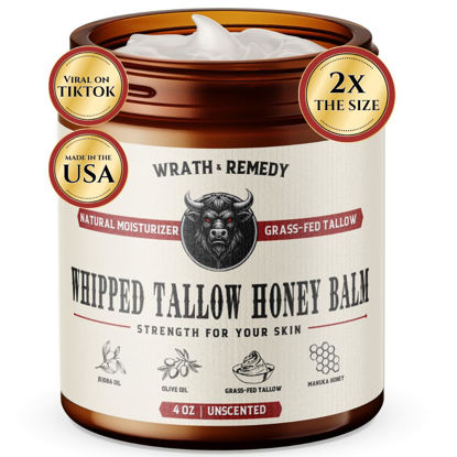 Picture of Wrath & Remedy Handmade Whipped Organic Beef Tallow for Skin - 4 OZ (Unscented) - Grass Fed Beef Tallow Moisturizer and Honey Balm for Silky, Sensitive-Skin, Eczema, Rosacea - Free of Harsh Chemicals