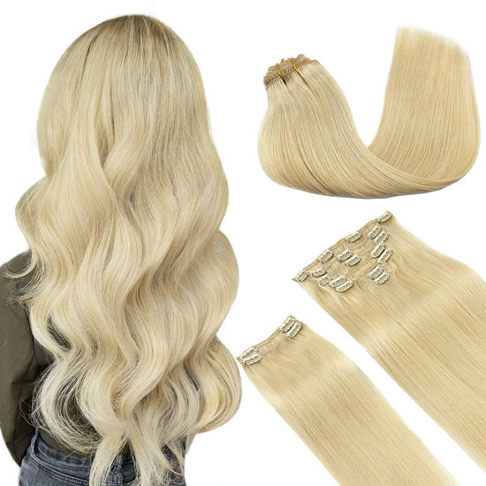 Picture of DOORES Clip in Hair Extensions Real Human Hair, Bleach Blonde 150g 9pcs 18 Inch, Remy Clip in Hair Extensions Natural Hair Extensions Human Hair Extensions Clip ins Straight Thick Hair Extensions