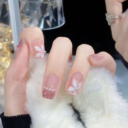 Picture of 24 Pcs Acrylic Press on Nails Short, Fake Nails with Pearls and Flower, Cute False Nails with Nail Glue on Nails for Women (Flower with Pearls)