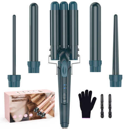 Picture of Waver Curling Iron Curling Wand - BESTOPE PRO 5 in 1 Curling Wand Set with 3 Barrel Hair Crimper for Women, Fast Heating Crimper Wand Curler in All Hair Type - Green