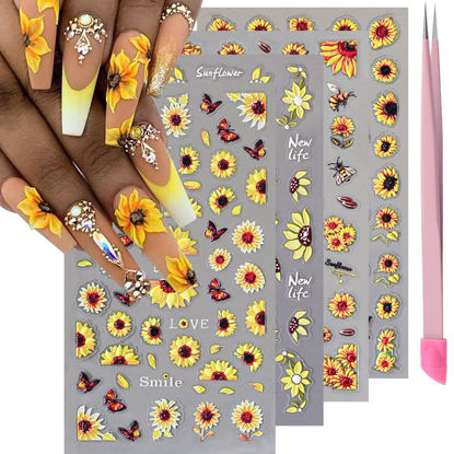 Picture of VOTACOS 4 Sheets 5D Flower Nail Art Stickers Embossed Nail Decals Autumn Nail Art Design 3D Self-Adhesive Sunflowers Nail Supplies Yellow Flower Nail Stickers for Women Nail DIY Decoration