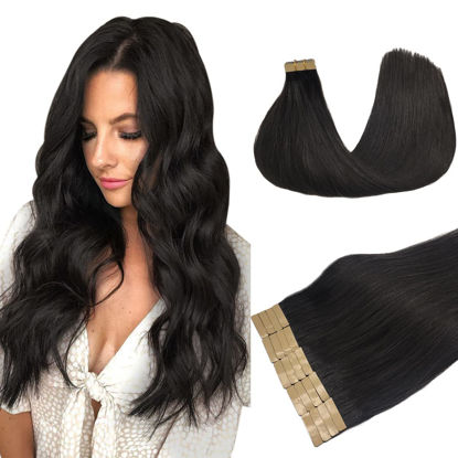 Picture of DOORES Hair Extensions Tape in Natural Black 20 Inch 20pcs 50g Tape in Human Hair Extensions Natural Hair Straight Skin Weft Hair Extensions