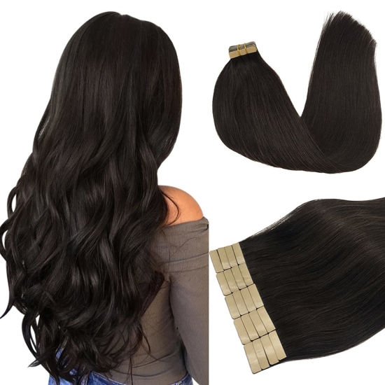 Picture of DOORES 50g Tape in Hair Extensions Remy Dark Brown Real Human Hair Extensions Tape in Straight Skin Weft Natural Hair Extensions 20pcs 14 Inch