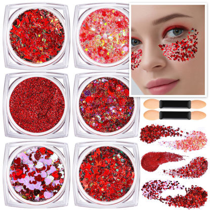 Picture of Teenitor Face Glitter Body Glitter, Red Body Glitter Gel, Hair Glitter Gel, 6 Shapes Festival Rave Glitter, Body Makeup Glitters Gel, Chunky Sparkling Glitter for Face, Body and Hair