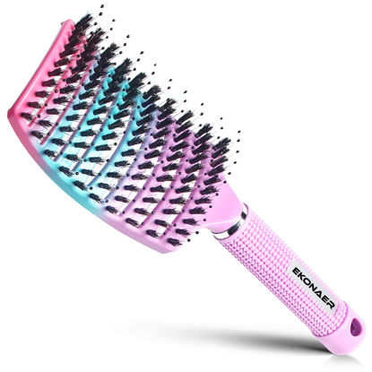 Picture of EKONAER Detangling Brush Boar Bristles Hair Brush for Adult & Kids Wet or Dry Hair,Curved and Vented Detangler Brush - Adds Shine and Makes Hair Smooth(Pink)