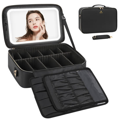 Picture of Relavel Travel Makeup Bag With LED Mirror, 16.2" Large Makeup Train Case, 3 Color Scenarios Adjustable Brightness, Waterproof Makeup Train Case Organizer with DIY Dividers for Makeup Artist, Black