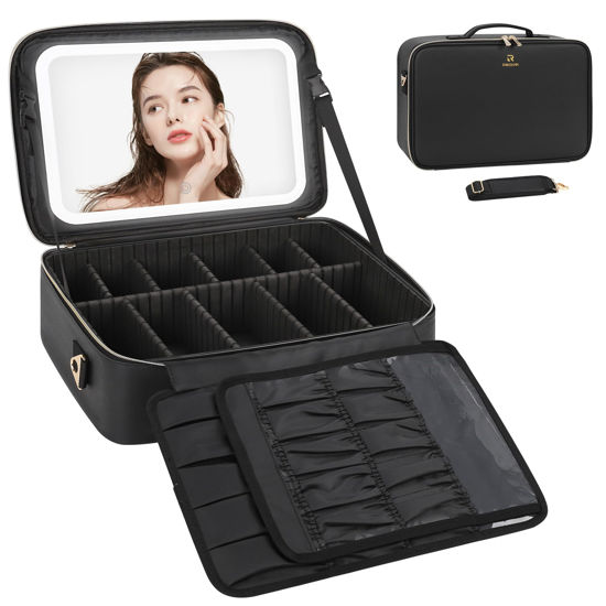 Picture of Relavel Travel Makeup Bag With LED Mirror, 16.2" Large Makeup Train Case, 3 Color Scenarios Adjustable Brightness, Waterproof Makeup Train Case Organizer with DIY Dividers for Makeup Artist, Black