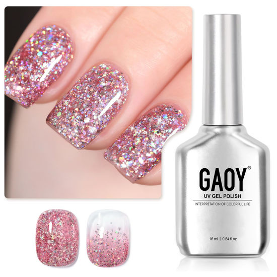 Picture of GAOY Glitter Gel Nail Polish, 16ml Pink Sparkly Gel Polish, Diamond Shiny Soak Off Glitter UV Gel for Nail Art, 1125 Pink Bloosms