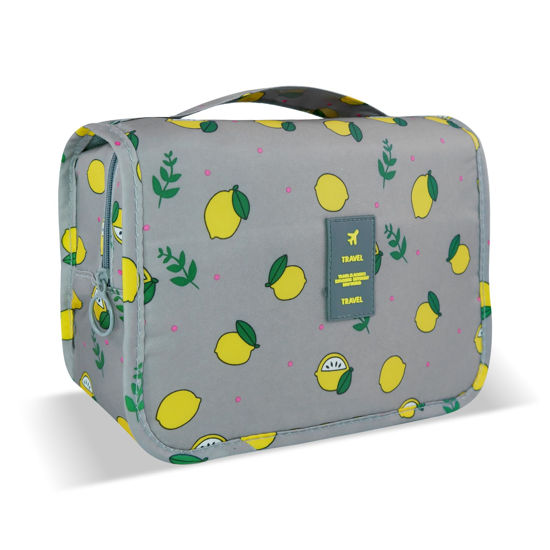 Picture of Lcsmaokin Large Capacity Toiletry Bag Travel Bag with Hanging Hook for Men and Women Waterproof Travel Cosmetic Bag Bathroom Storage Bag for Brushes Set,Full-Sized Shampoo,Accessories-Grey Lemon