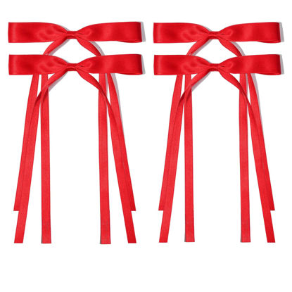 Picture of Ayesha Red Hair Bows Clips Coquette Ribbon Bowknot with Long Tail Princess Hair Bows French Barrettes Hair Accessories for Women Girls 4pcs (red)