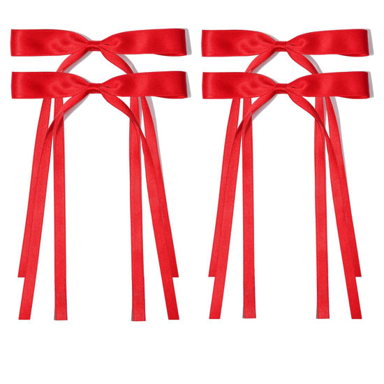 Picture of Ayesha Red Hair Bows Clips Coquette Ribbon Bowknot with Long Tail Princess Hair Bows French Barrettes Hair Accessories for Women Girls 4pcs (red)
