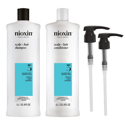 Picture of Nioxin System 3 Shampoo & Conditioner Prepack| For Colored or Damaged Hair with Light Thinning| With Niacinamide and Biotin | Pumps Included| 33.8 Fl Oz