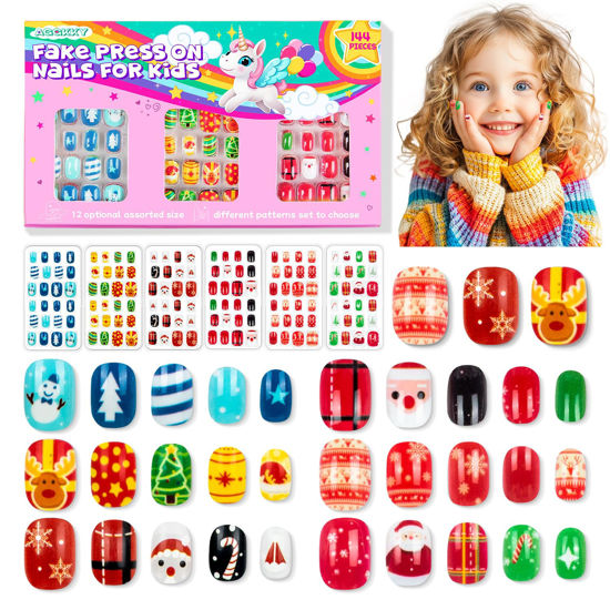 Picture of 144 Pieces 6 Pack Kids Press on Nails Artificial Fake Nails for Kids Girls Pre Glue Full Cover Short Acrylic False Nail Tips Art Kits Gifts for Kids Girls Nail Art Decoration (Christmas Pattern)
