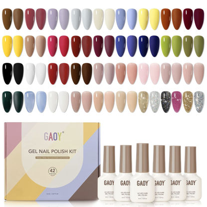 Picture of GAOY 42 Pcs Gel Nail Polish Kit, Black Brown Red Glitter Jelly Colors All Seasons Gel Nail Polish Set with Glossy & Matte Top Coat and Base Coat for Salon and DIY Manicure at Home