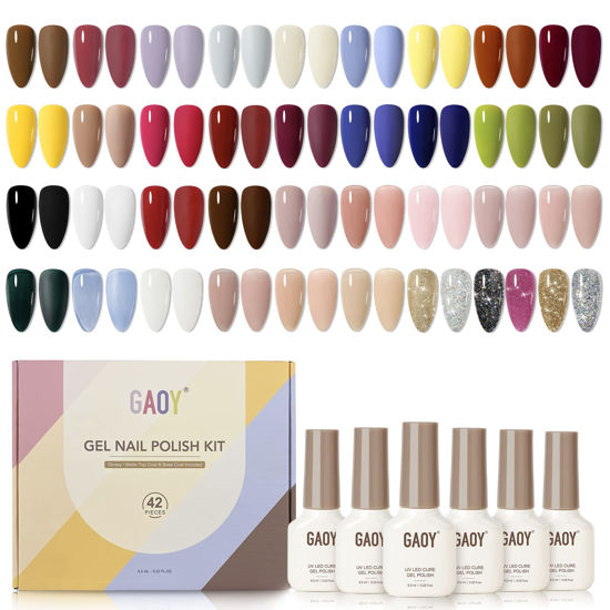 Picture of GAOY 42 Pcs Gel Nail Polish Kit, Black Brown Red Glitter Jelly Colors All Seasons Gel Nail Polish Set with Glossy & Matte Top Coat and Base Coat for Salon and DIY Manicure at Home