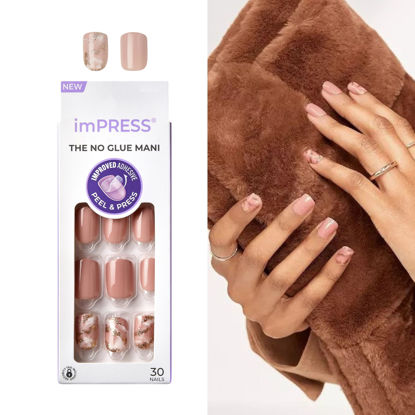Picture of KISS imPRESS No Glue Mani Press On Nails, Design, 'Kingdom', Light Pink, Short Size, Squoval Shape, Includes 30 Nails, Prep Pad, Instructions Sheet, 1 Manicure Stick, 1 Mini File