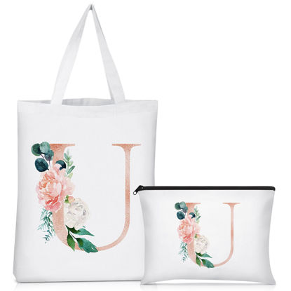 Picture of 2 Pcs Brides Canvas Tote Bags for Wedding Bridesmaid Makeup Bags Bridal Shower Gifts Bag for Women Bridal Shower Party Engagement Wedding Tote Shoulder Bag with Zipper(Letter U)