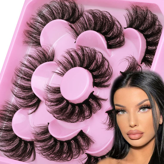 Picture of Focipeysa Dramatic Eyelashes Fluffy Faux Mink Lashes 22mm Long False Eyelashes D Curl Eyelashes that Look Like Extension 5 Pairs Pack