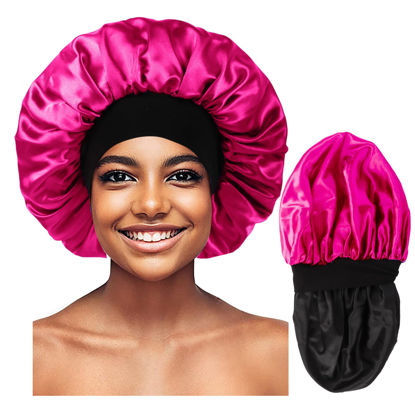 Picture of Bonnet for Men,Hair Bonnet for Sleeping,Double Layer Satin Bonnets for Black Women Curly Hair Braids,Reversible Sleep Cap (Large,Black/Hot Pink)