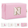 Picture of Small Personalized Initial A-Z Patch Makeup Bag,Pink Cute PU Leather Glitter Letter Cosmetic Bag for Teen Girls,Travel Toiletry Bag with Zipper,Preppy Monogrammed Birthday Gift for Daughter Niece N