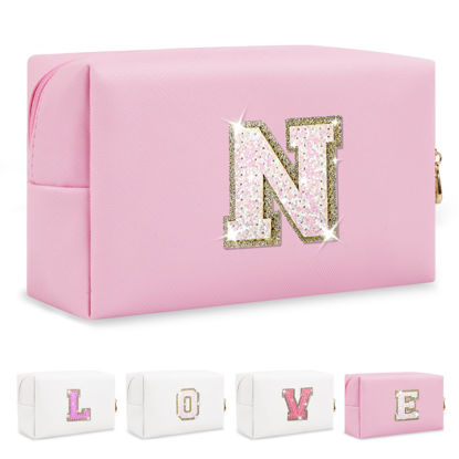Picture of Small Personalized Initial A-Z Patch Makeup Bag,Pink Cute PU Leather Glitter Letter Cosmetic Bag for Teen Girls,Travel Toiletry Bag with Zipper,Preppy Monogrammed Birthday Gift for Daughter Niece N