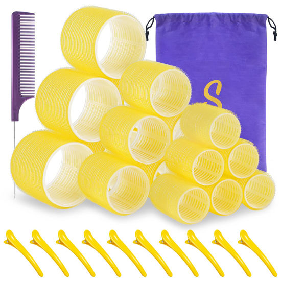 Picture of Self grip hair roller set,18 pcs,Hair rollers with hair roller clips and comb,Salon hairdressing curlers,DIY Hair Styles, Sungenol 3 Sizes Yellow Hair Rollers in 1 set