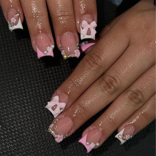 Picture of 24Pcs French Tip Press on Nails Short with Charms Bow Flower Design, Pink French Nails Press ons Cute Bow Stick on Nails Short Square Shape Acrylic Nails Rhinestones Nails for Women