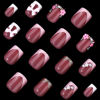 Picture of 24Pcs French Tip Press on Nails Short with Charms Bow Flower Design, Pink French Nails Press ons Cute Bow Stick on Nails Short Square Shape Acrylic Nails Rhinestones Nails for Women