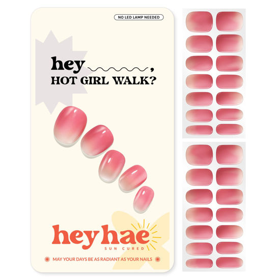 Picture of Heyhae Semi Cured Gel Nail Strips | Sun Cured Gel Nail Wraps No LED Lamp Needed Easy Apply & Remove | Includes 28 strips, 1 Prep Pad, 1 Nail File & 1 Wooden Stick - Hey, Hot Girl Walk?