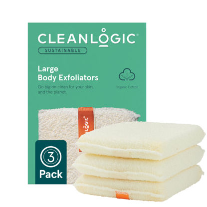 Picture of Cleanlogic Organic Cotton Exfoliating Body Scrubber, Reusable Exfoliator Tool for Smooth Skin, Daily Skincare Routine, Natural, 3 Ct Value Pack