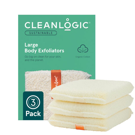 Picture of Cleanlogic Organic Cotton Exfoliating Body Scrubber, Reusable Exfoliator Tool for Smooth Skin, Daily Skincare Routine, Natural, 3 Ct Value Pack